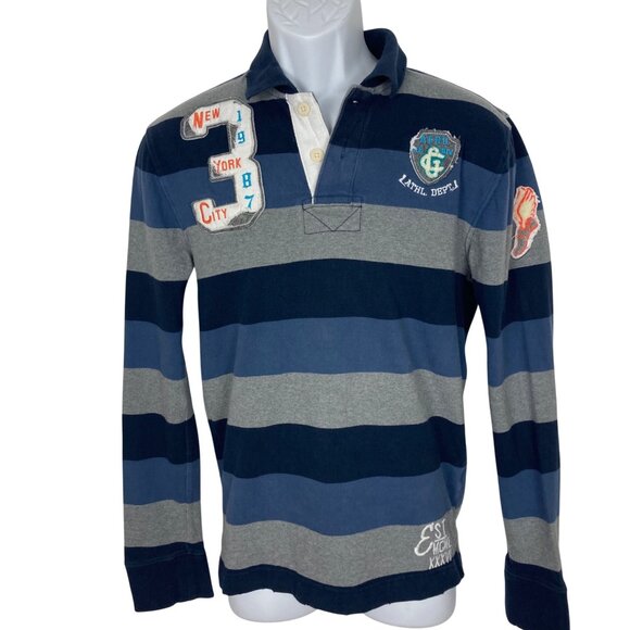 Aeropostale Other - Aeropostale Rugby Shirt Mens Small Blue Gray Striped NYC Patch Athletic Y2K